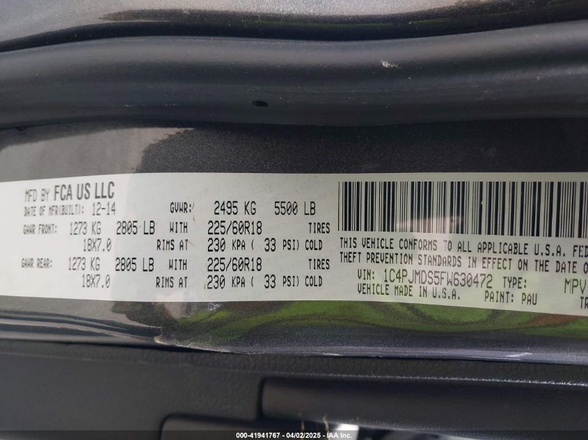 2015 Jeep Cherokee Limited VIN: 1C4PJMDS5FW630472 Lot: 41941767