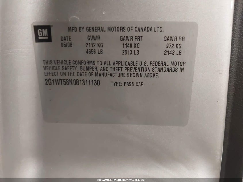 2008 CHEVROLET IMPALA VIN: 2G1WT58N081311130