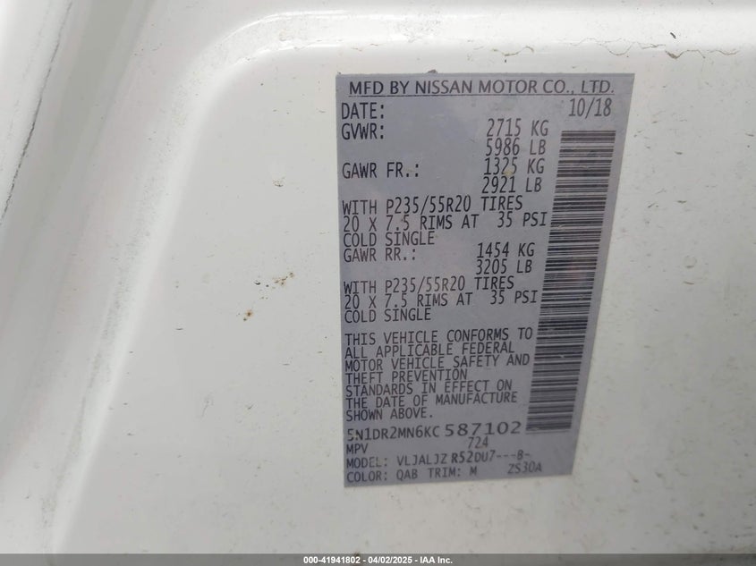 2019 NISSAN PATHFINDER PLATINUM - 5N1DR2MN6KC587102