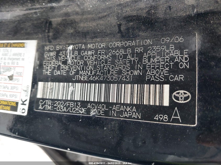 2007 TOYOTA CAMRY VIN: JTNBE46K473057431