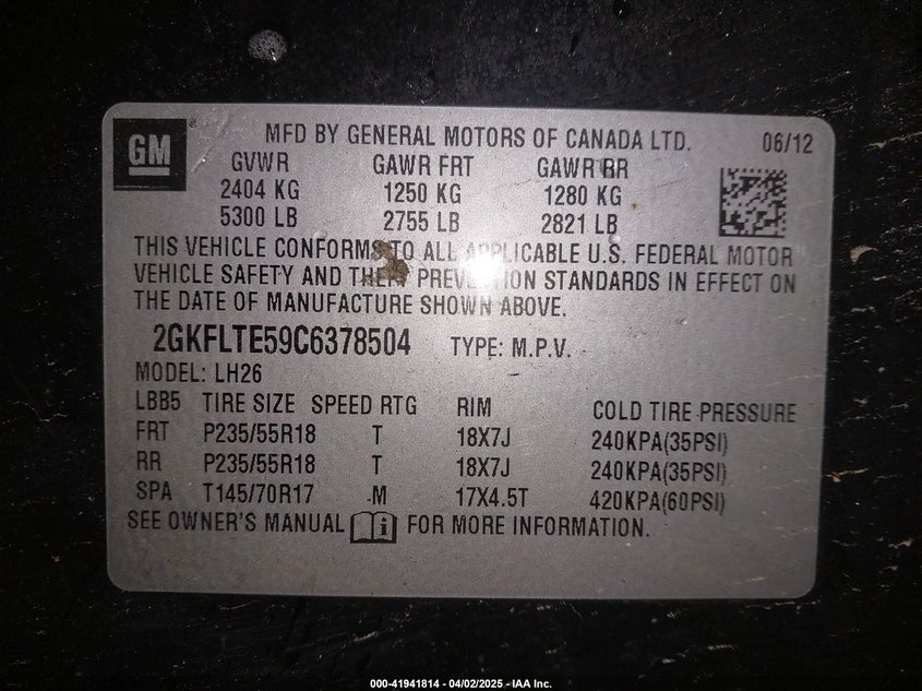 2012 GMC Terrain Sle-2 VIN: 2GKFLTE59C6378504 Lot: 41941814