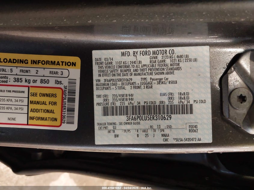 2014 FORD FUSION VIN: 3FA6P0LU5ER310629