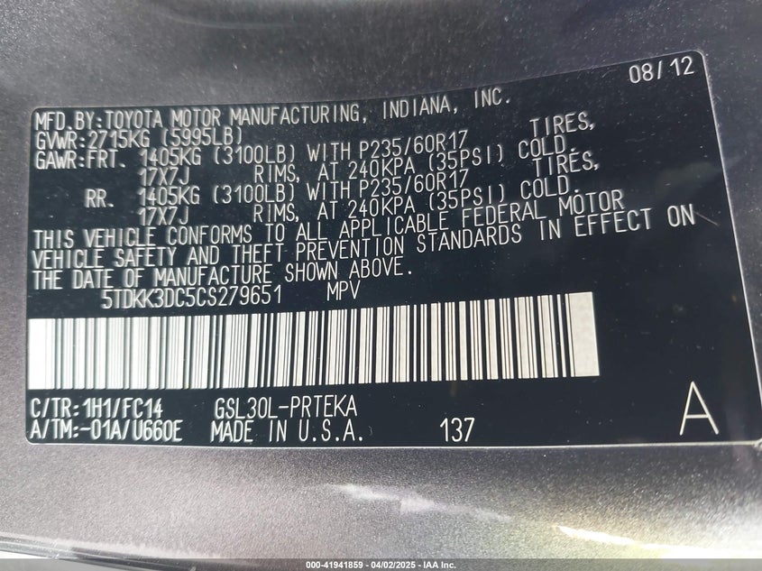 2012 TOYOTA SIENNA VIN: 5TDKK3DC5CS279651