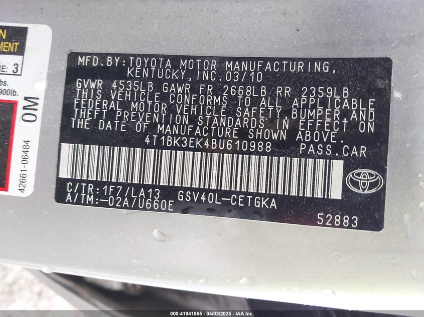 2011 TOYOTA CAMRY VIN: 4T1BK3EK4BU610988