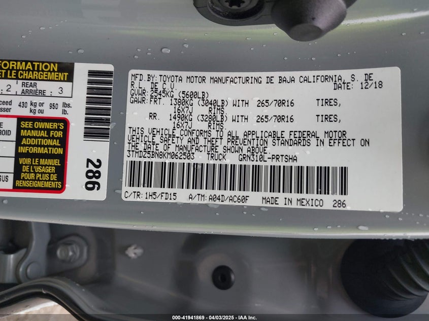 2019 TOYOTA TACOMA VIN: 3TMDZ5BN8KM062503