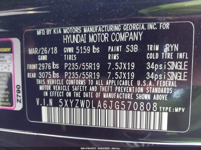 2018 HYUNDAI SANTA FE SPORT VIN: 5XYZWDLA6JG570808