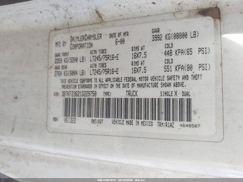 2001 Dodge Ram 2500 St VIN: 3B7KF23621G229750 Lot: 41941913