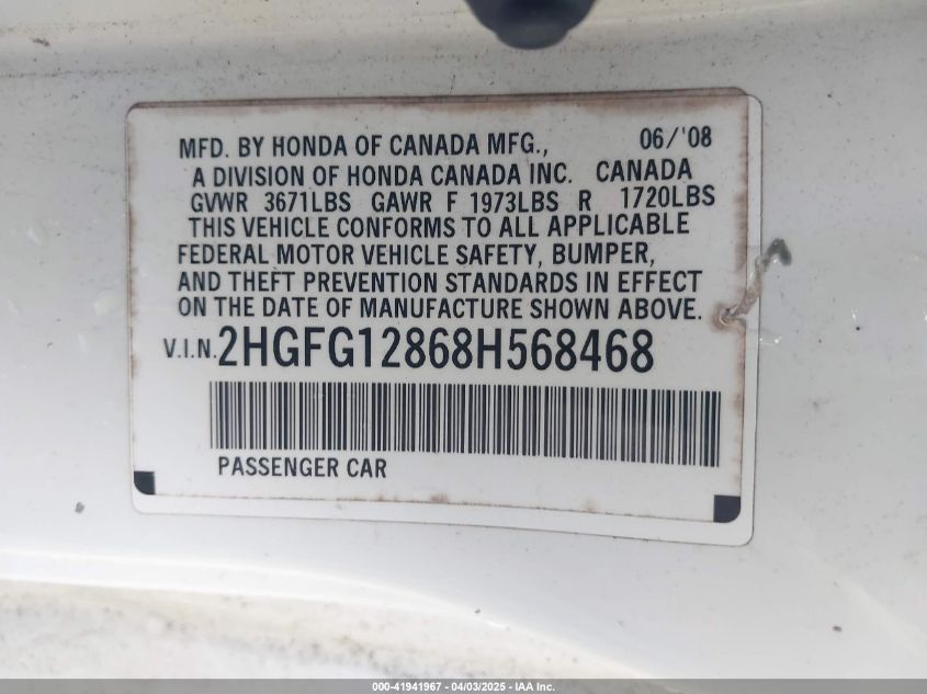 2008 Honda Civic Ex VIN: 2HGFG12868H568468 Lot: 41941967