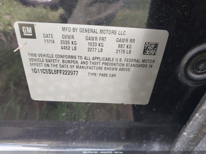 2015 CHEVROLET MALIBU VIN: 1G11C5SL8FF222977