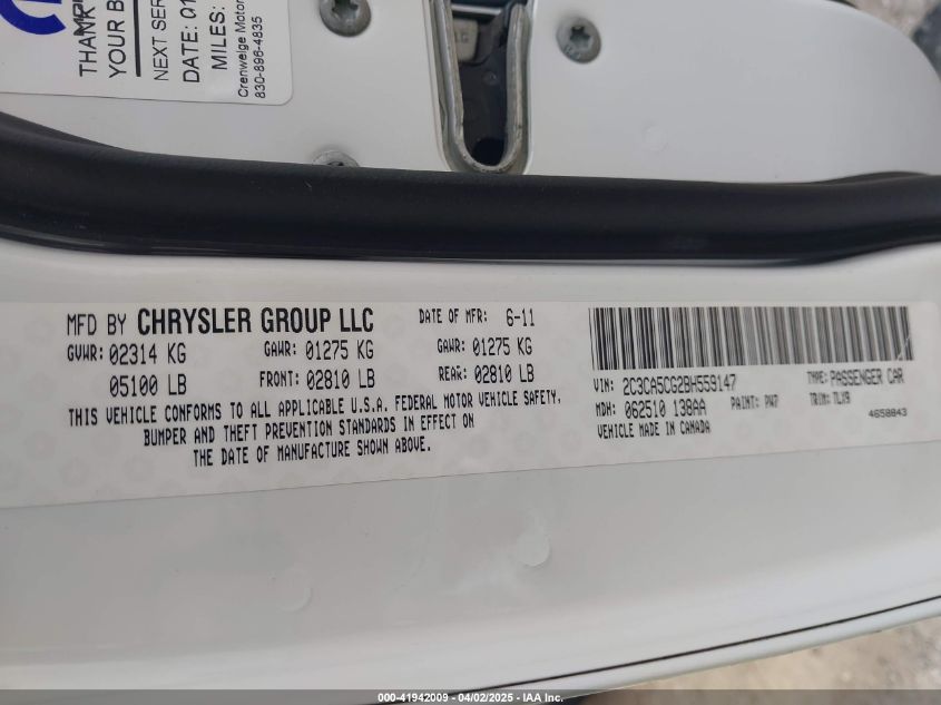 2011 Chrysler 300 Limited VIN: 2C3CA5CG2B8559147 Lot: 41942009