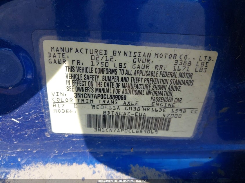 2012 Nissan Versa 1.6 S VIN: 3N1CN7AP0CL889069 Lot: 41942068