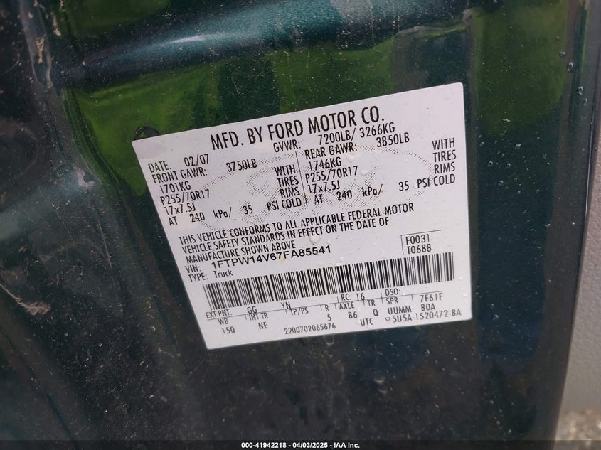 2007 FORD F-150 VIN: 1FTPW14V67FA85541