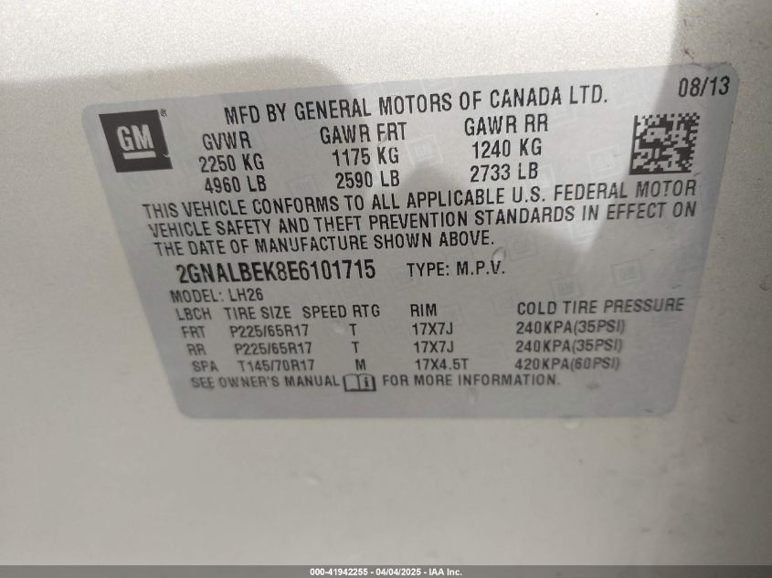 2014 Chevrolet Equinox 1Lt VIN: 2GNALBEK8E6101715 Lot: 41942255