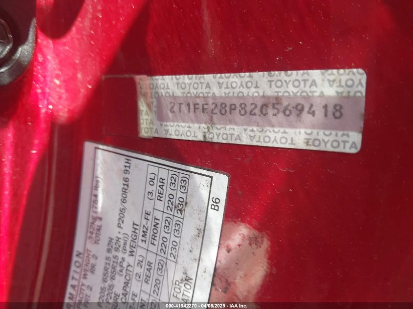 2002 Toyota Camry Solara Sle V6 VIN: 2T1FF28P82C569418 Lot: 41942270