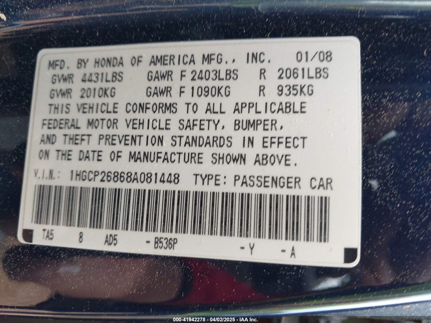 2008 HONDA ACCORD VIN: 1HGCP26868A081448