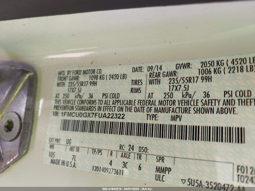 2015 FORD ESCAPE VIN: 1FMCU0GX7FUA22322