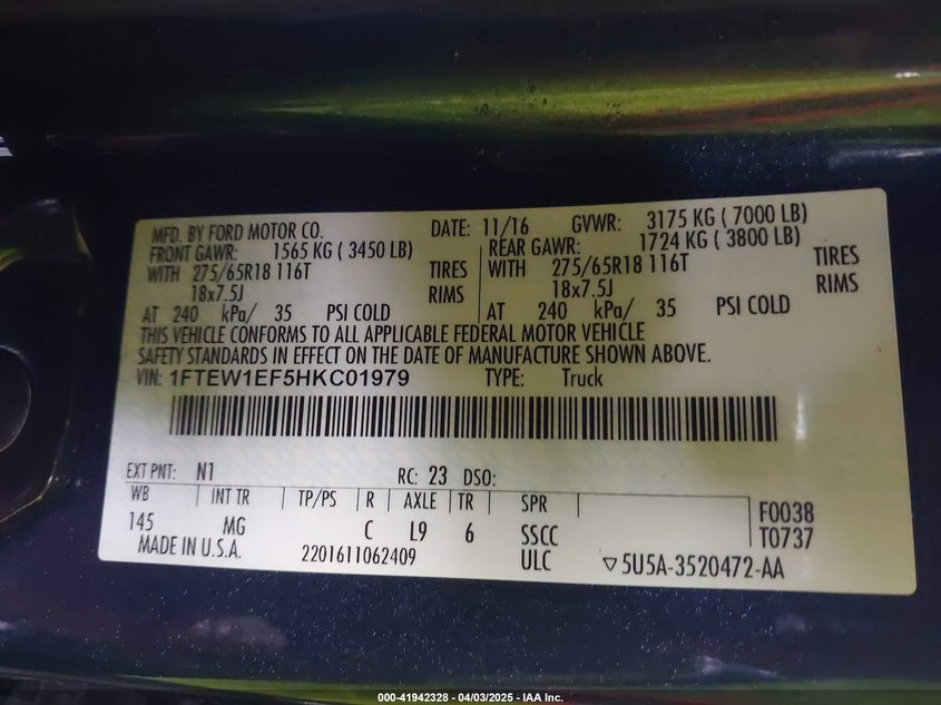 2017 FORD F150 VIN: 1FTEW1EF5HKC01979