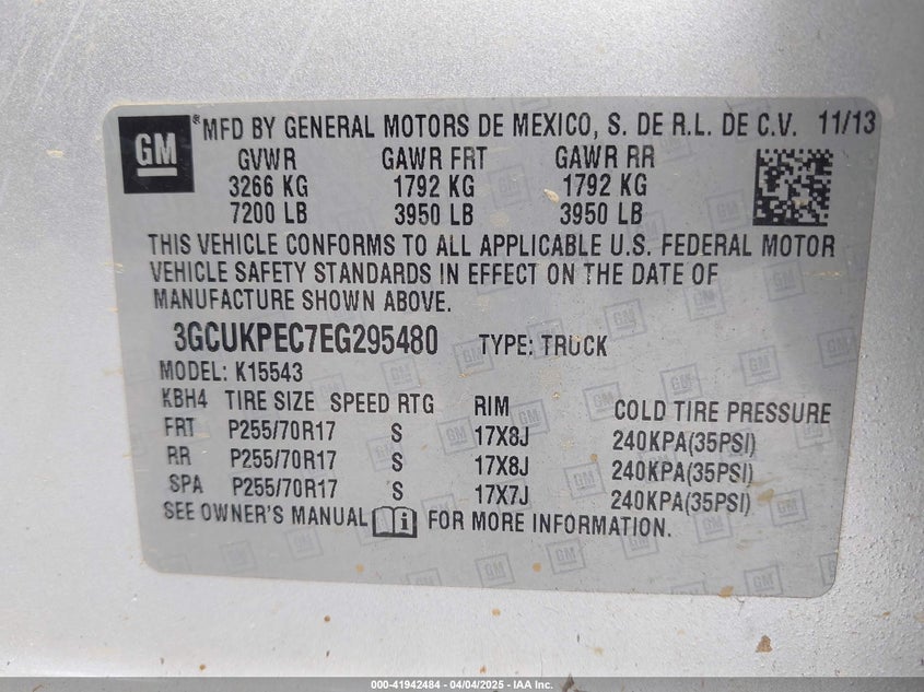 2014 CHEVROLET SILVERADO 1500 VIN: 3GCUKPEC7EG295480