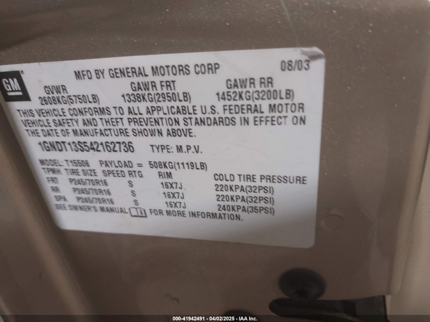 2004 Chevrolet Trailblazer Ls VIN: 1GNDT13S542162736 Lot: 41942491