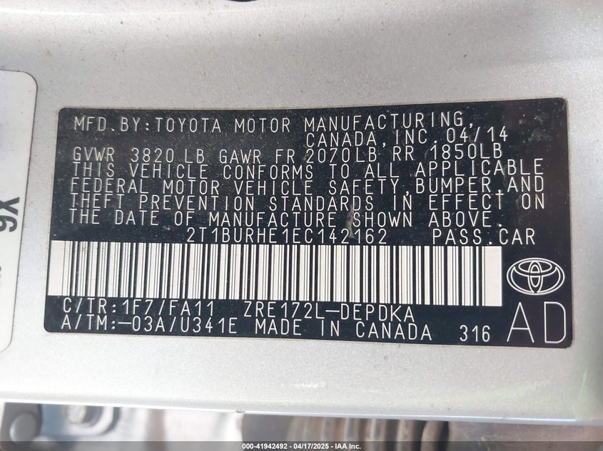 2014 TOYOTA COROLLA L - 2T1BURHE1EC142162