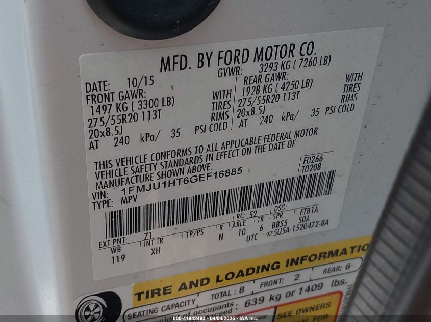 2016 Ford Expedition Xlt VIN: 1FMJU1HT6GEF16885 Lot: 41942493