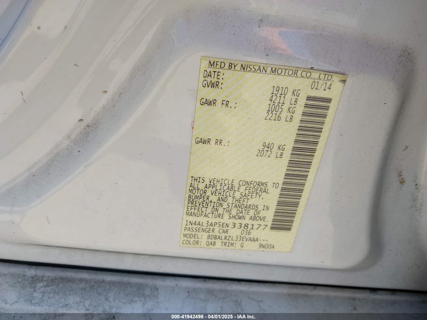 2014 NISSAN ALTIMA VIN: 1N4AL3AP5EN338177