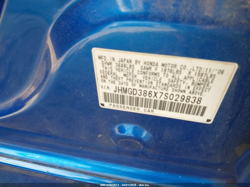2007 HONDA FIT VIN: JHMGD386X7S029838