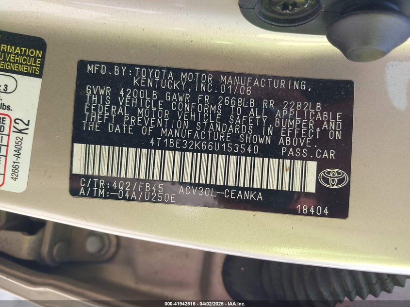 2006 TOYOTA CAMRY VIN: 4T1BE32K66U153540