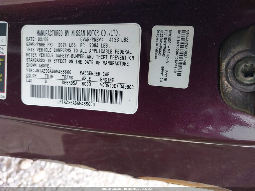 2006 NISSAN 350Z VIN: JN1AZ36A66M455600