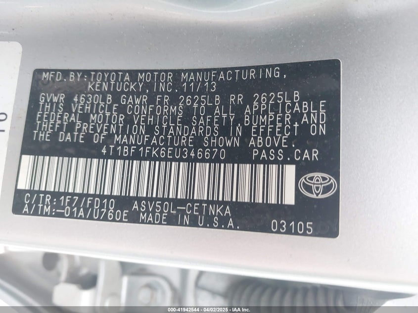 2014 TOYOTA CAMRY VIN: 4T1BF1FK6EU346670