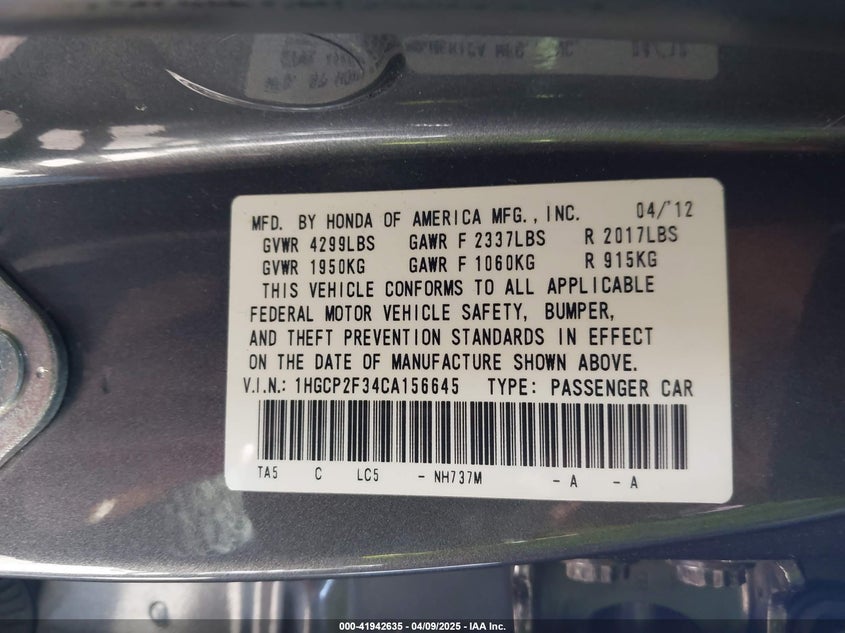 2012 HONDA ACCORD VIN: 1HGCP2F34CA156645