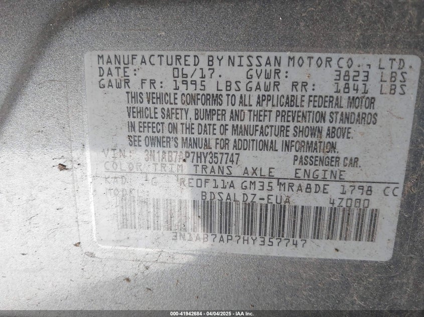 VIN 3N1AB7AP7HY357747 2017 NISSAN SENTRA SV