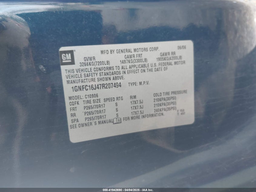 2007 CHEVROLET SUBURBAN 1500 VIN: 1GNFC16J47R207494