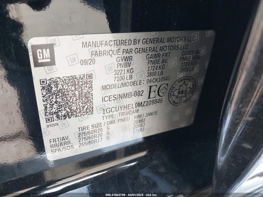 2021 CHEVROLET SILVERADO 1500 VIN: 1GCUYHEL0MZ109846