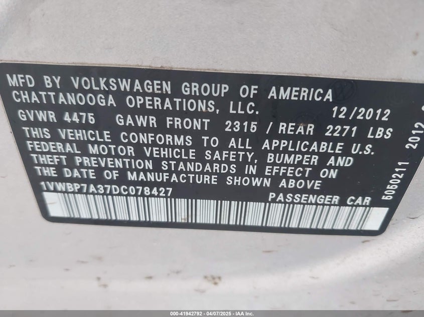 2013 VOLKSWAGEN PASSAT VIN: 1VWBP7A37DC078427