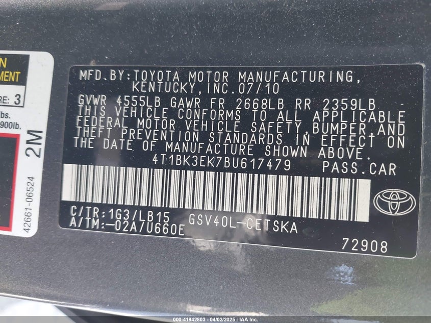 2011 TOYOTA CAMRY VIN: 4T1BK3EK7BU617479