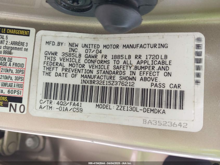 2005 Toyota Corolla Ce VIN: 1NXBR32E15Z376212 Lot: 41942844