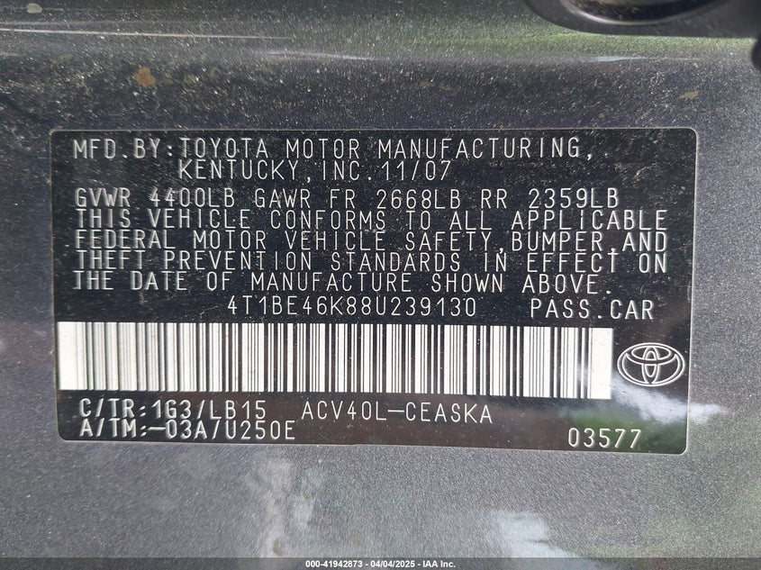 2008 TOYOTA CAMRY VIN: 4T1BE46K88U239130