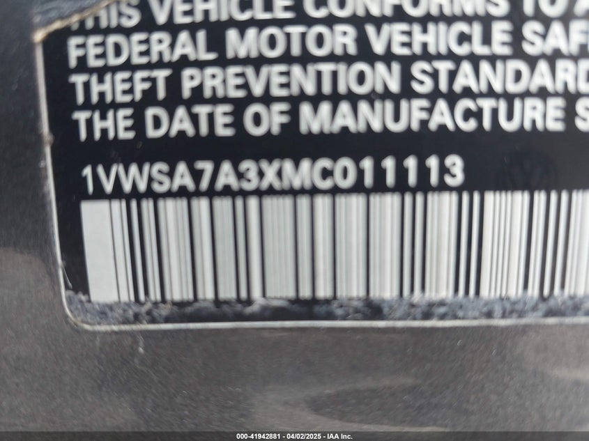 2021 VOLKSWAGEN PASSAT VIN: 1VWSA7A3XMC011113
