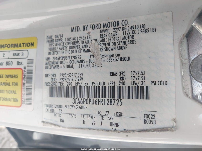 2015 FORD FUSION ENERGI VIN: 3FA6P0PU6FR128725