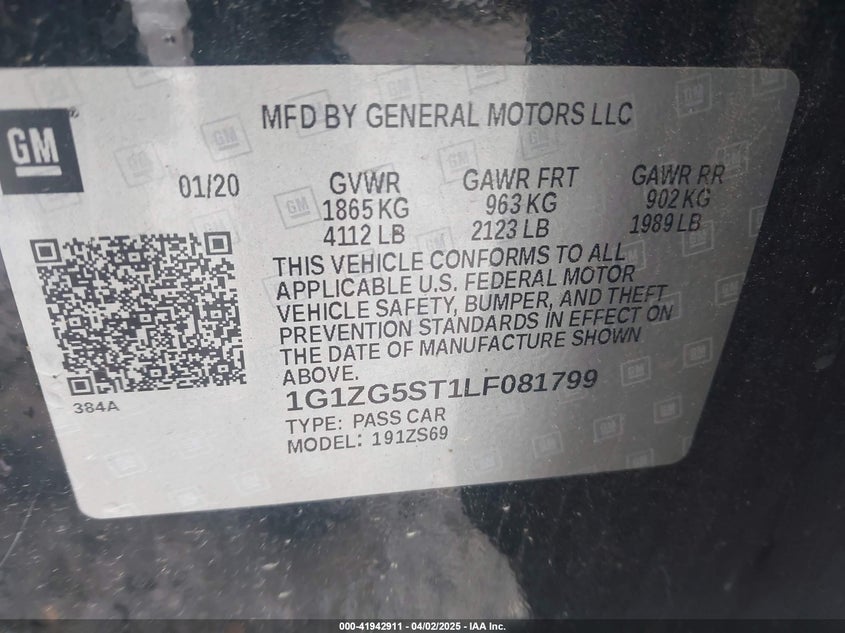 2020 CHEVROLET MALIBU VIN: 1G1ZG5ST1LF081799