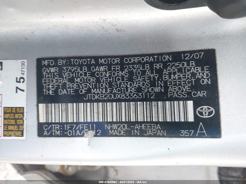 2008 TOYOTA PRIUS VIN: JTDKB20UX83363112