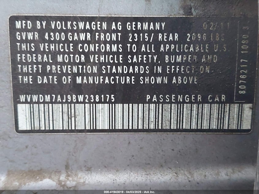 2011 VOLKSWAGEN GOLF VIN: WVWDM7AJ9BW238175