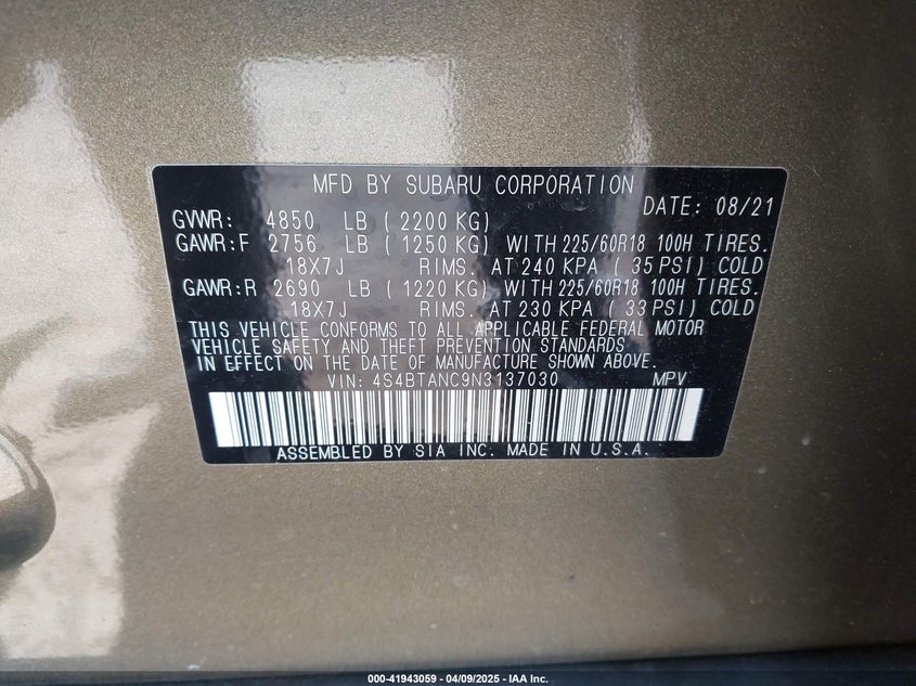 2022 SUBARU OUTBACK LIMITED - 4S4BTANC9N3137030