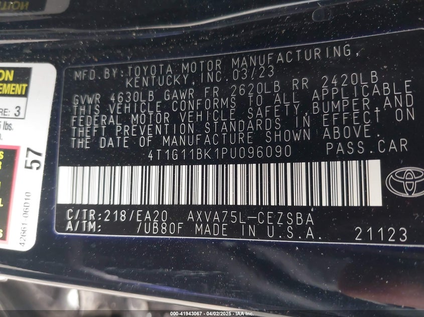 2023 TOYOTA CAMRY VIN: 4T1G11BK1PU096090