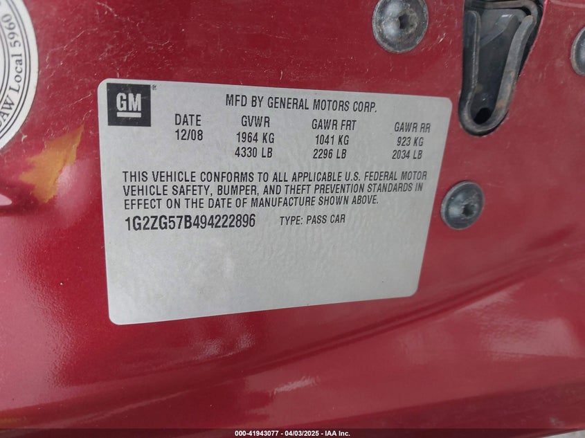2009 PONTIAC G6 VIN: 1G2ZG57B494222896