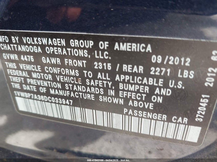 2013 VOLKSWAGEN PASSAT 2.5L SE - 1VWBP7A36DC033947