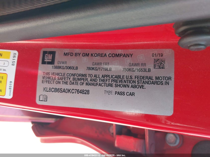 VIN KL8CB6SA0KC764828 2019 CHEVROLET SPARK LS CVT