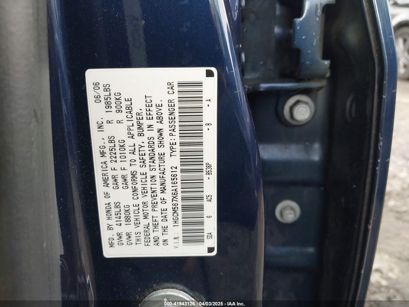 2006 HONDA ACCORD VIN: 1HGCM567X6A165612