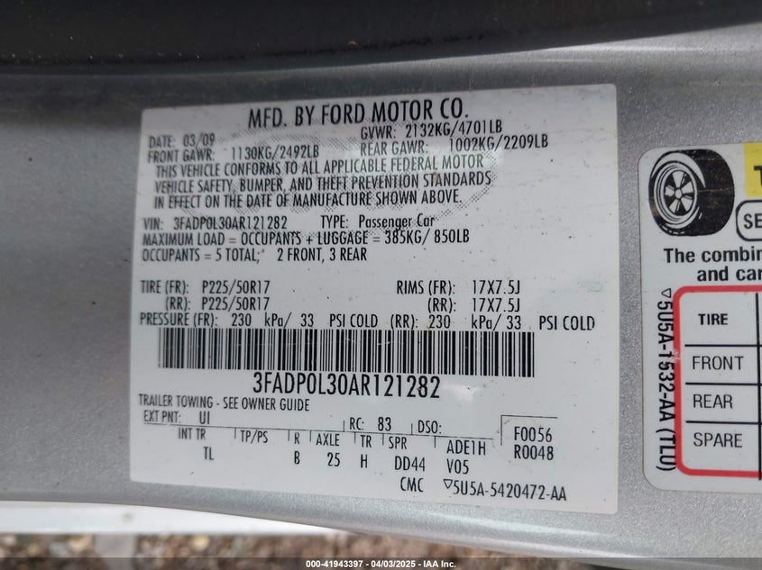 2010 FORD FUSION HYBRID VIN: 3FADP0L30AR121282